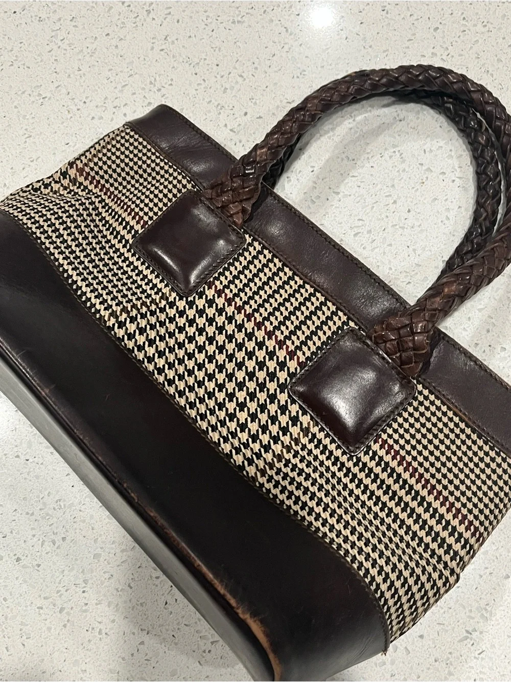 Ralph Lauren Heather Glen Houndstooth Tote with Leather Trim & Braided Strap
